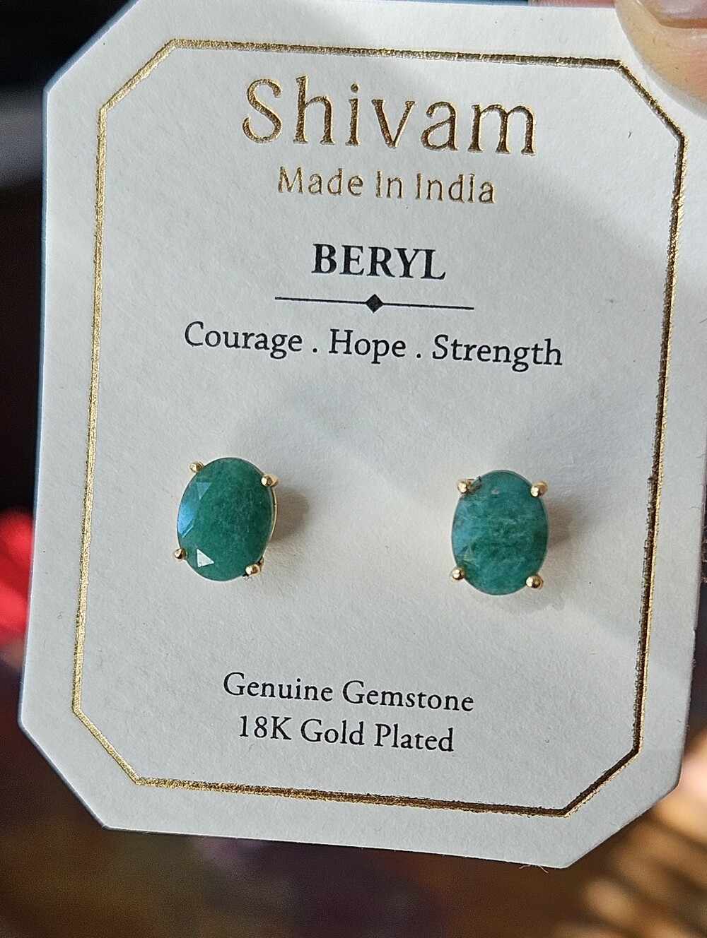 Shivam Beryl Green Oval Gemstone Stud Earrings - 18K Gold Plated